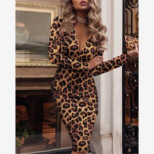 Print Skinny Long Plunge Dress豹纹印花连衣裙 Sleeve Leopard