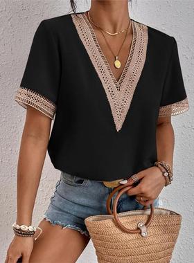 欧洲站夏季新品白色时尚V领小个子钩花接短袖T恤上衣雪纺衫6色5码