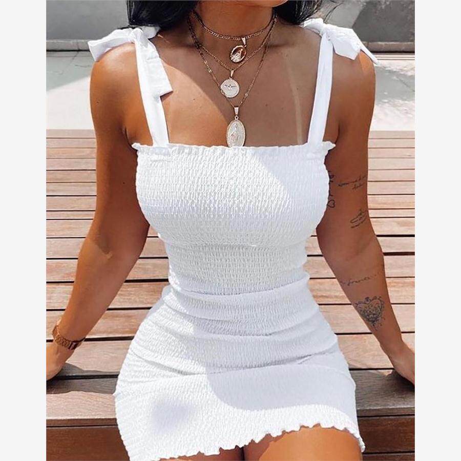 Shirred Frill Hem Tied Bodycon Dress打揽绑带性感紧身裙