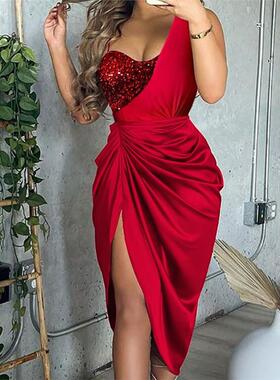 Satin Contrast Sequin Split Thigh Ruched Party Dress