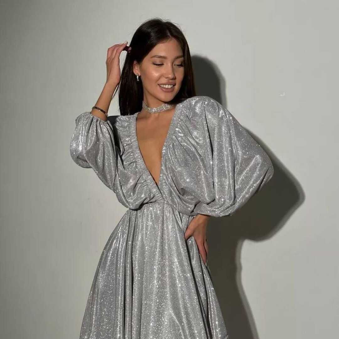 欧美V领连衣裙法式纯色性