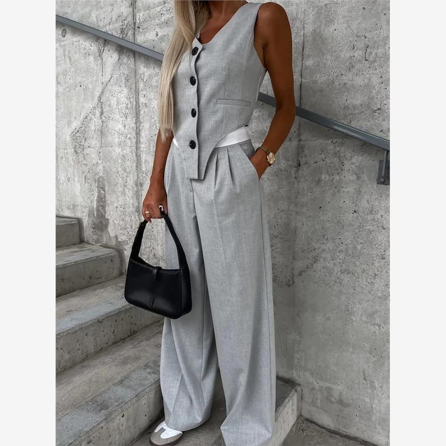 Colorblock Vest Top & Ruched Pants Set无欧美袖马甲长裤套装