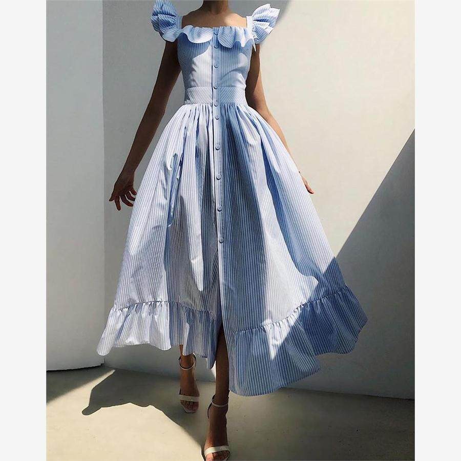 Women Striped Print Ruffles Dress条纹荷叶边收腰连衣裙
