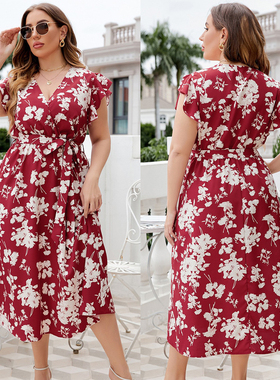 summer flower print women plus size dress 夏季大码显瘦连衣裙