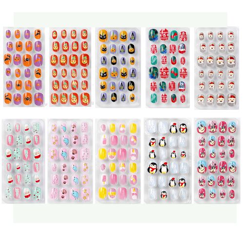 24Pcs Cute Cartoon Press on Children Color False Nail Tips
