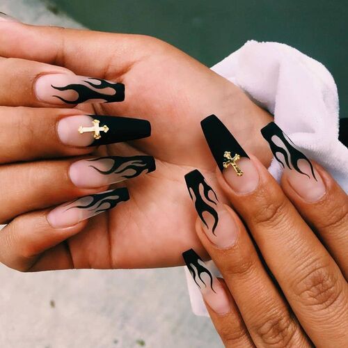 24Pcs/Set Punk Flame Pattern False Nail Press on Finger Sol