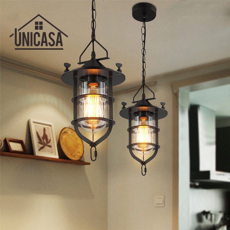Modern Pendant Lights Glass Shade Wrought Iron Bar Lighting