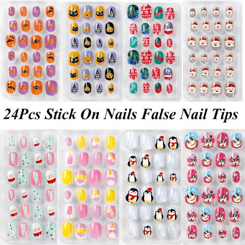 24Pcs Children Press on False Nail Tips Candy Cartoon Full