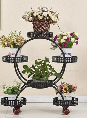 Household flower racks wrought iron multi-layer wheeled floo