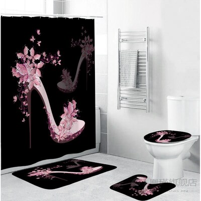 Black Shower Curtain Pink High Heels Bathroom Curtains with
