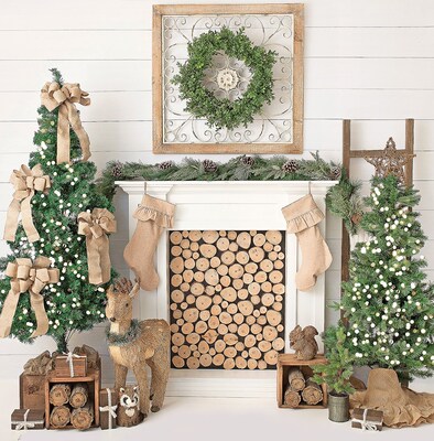 Christmas Fireplace Photography Background Wood Floor Xmas T