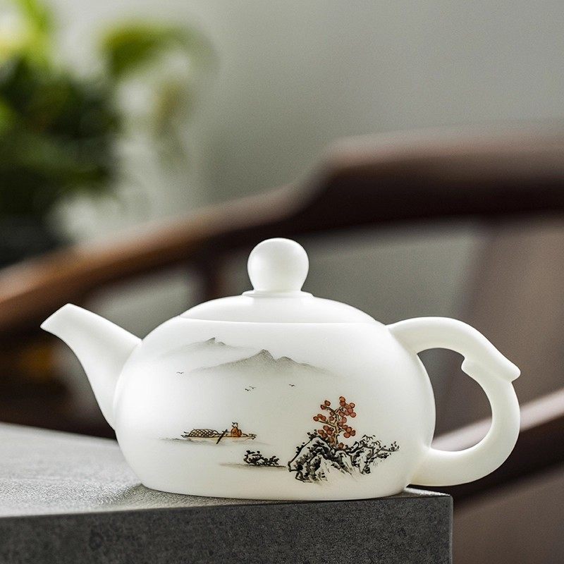 钰铨龙门 德化羊脂玉瓷手绘水墨西施壶大容量纯手工陶瓷泡茶单壶,餐饮具,茶壶,淘宝优惠券,粉丝福利购,淘宝优惠卷