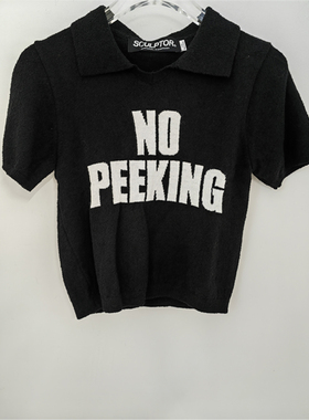 SCULPTOR 休闲POLO领针织短上衣露脐女薄款短袖黑色T恤