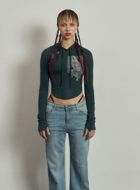 Badee 嘻哈辣妹印花连帽长袖T恤女修身显瘦短款上衣