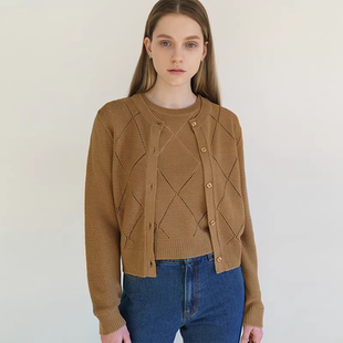 AMONG 韩素希同款纯色菱形格镂空宽松薄款百搭针织开衫外套