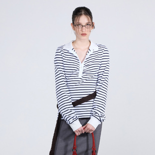 女士内搭打底衫 SCULPTOR T恤衫 春秋老钱风条纹POLO领网球衫 长袖