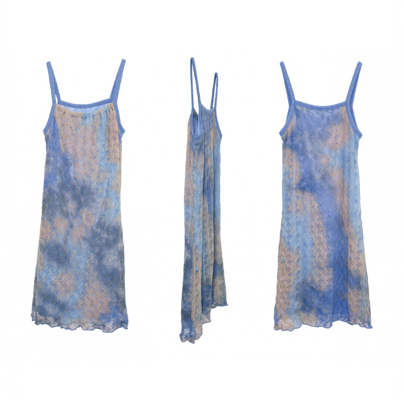 OJOS 金裕贞同款性感辣妹复古网眼针织扎染修身吊带连衣裙