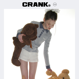 CRANK 25春新款条纹长袖T恤女修身显瘦POLO衫上衣