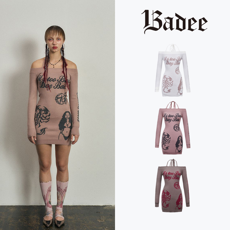 Badee 美式辣妹一字肩针织连衣裙女秋冬新款修身显瘦短裙子