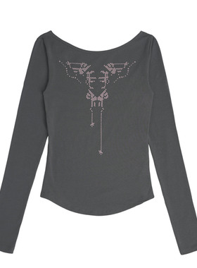 OJOS 印花蕾丝拼接长袖T恤女修身显瘦打底罩衫上衣