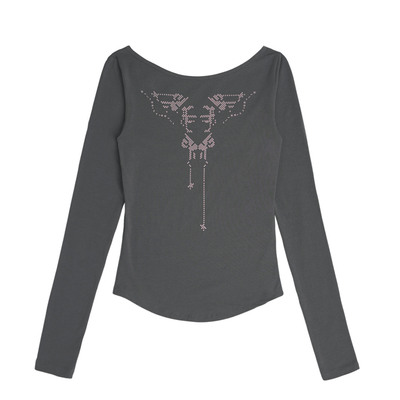 OJOS 印花蕾丝拼接长袖T恤女修身显瘦打底罩衫上衣