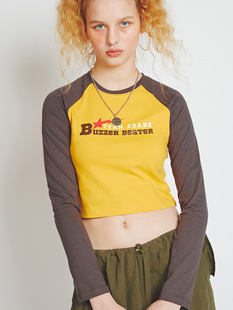 CRANK 2023春季新款纯棉圆领撞色字母星星印花插肩长袖短款上衣女