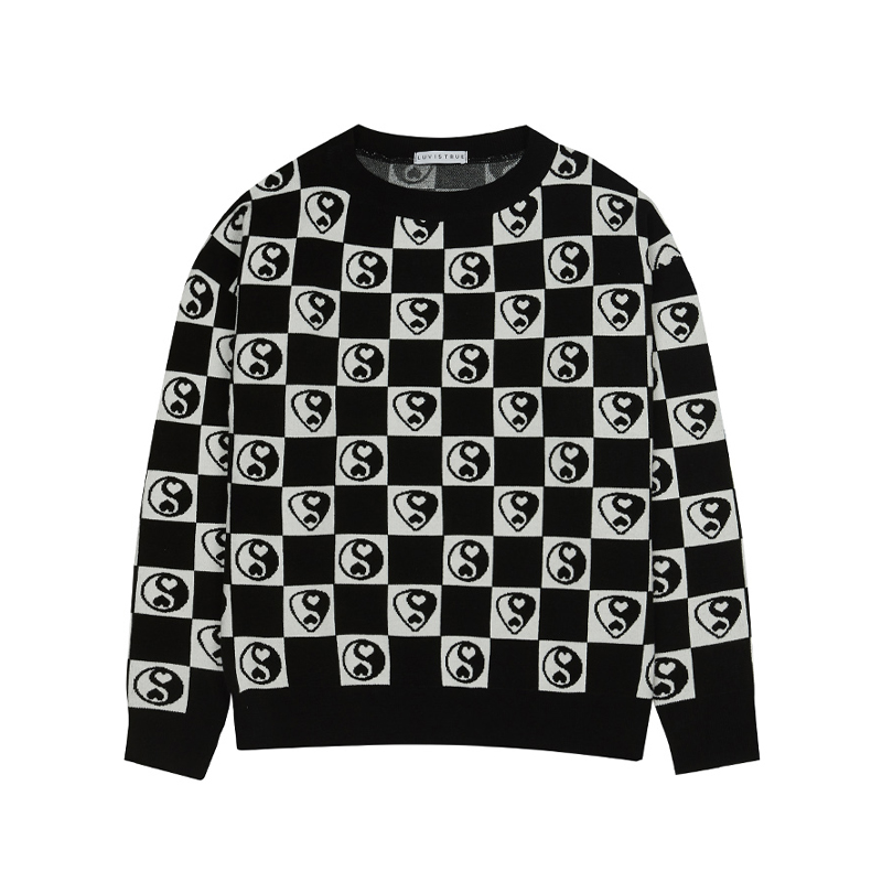 LUVISTRUE 格纹棋盘印花无帽套头休闲复古毛针织衫