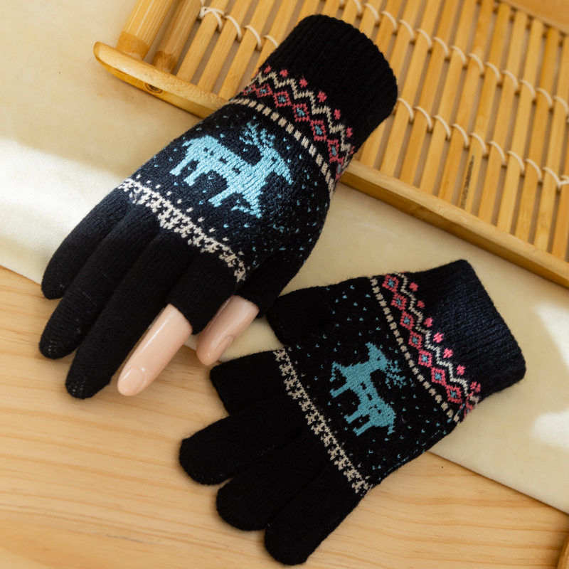露二指保暖手套女冬加厚学生写字