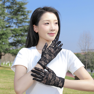夏季薄款防晒蕾丝手套女士短款黑色白色大红色婚纱新娘婚礼仪手套
