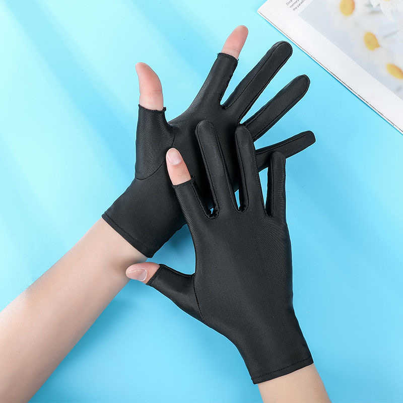女士冰丝手套夏季春秋天漏半截露二指采摘茶防晒薄款手套骑行开车