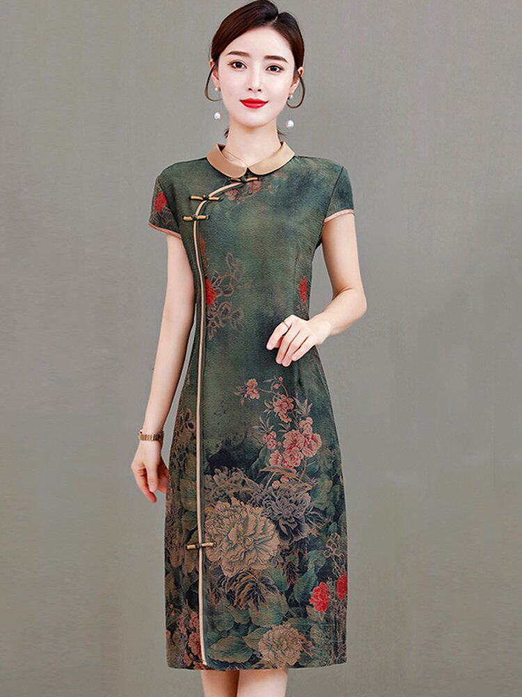 2020夏装新款民族风女装修身显瘦复古印花中长款香云纱旗袍连衣裙