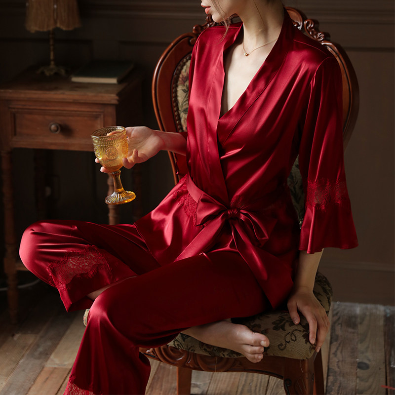 红色结婚蕾丝真丝睡衣女性感桑蚕丝家居服短款睡袍长裤睡衣套装