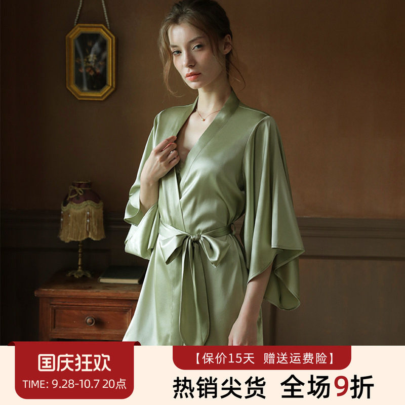 2025年新款牛油果绿真丝婚礼晨袍浴袍桑蚕丝睡衣女丝绸睡袍家居服
