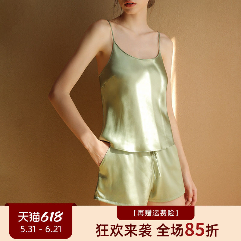 性感真丝吊带睡衣套装 桑蚕丝吊带背心女短裤两件套家居服套装