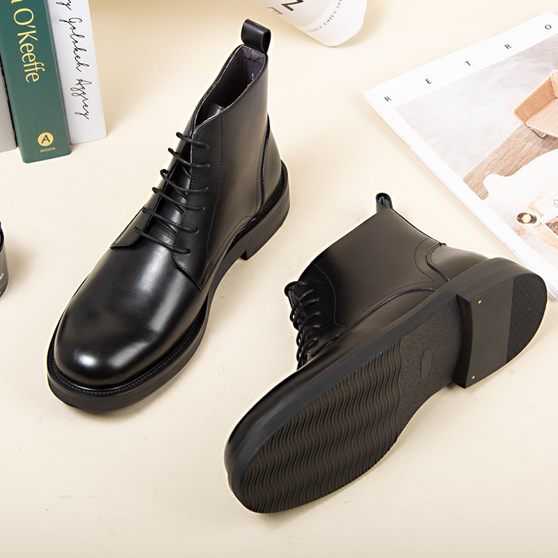 【高冷男神】厚底增高圆头男士马丁靴系带黑色商务英伦风真皮短靴