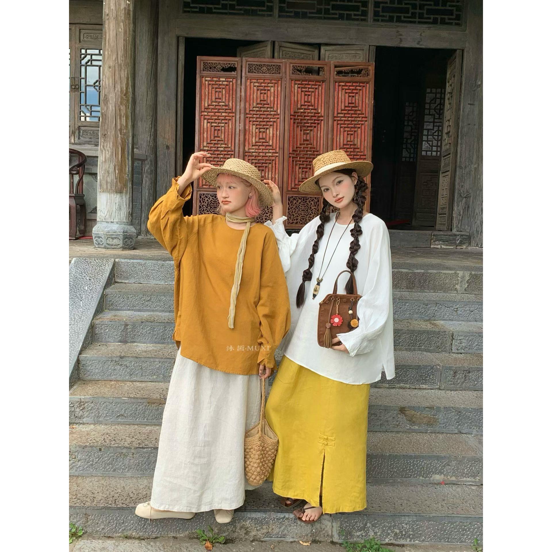 沐皙51739亚麻灯笼袖T恤亚麻圆领百搭休闲长袖套头罩衫上衣女大码