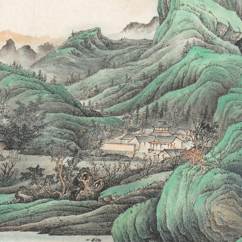 董希源青t绿山水图卷中式风水靠山国画书画真迹仿真