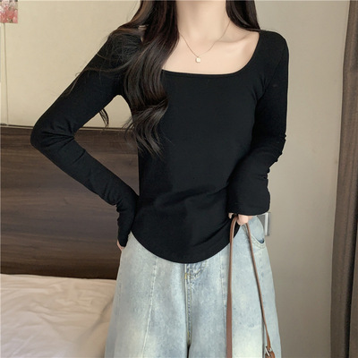 实拍德绒内搭保暖打底衫女秋冬韩版短款大领口U领长袖T恤加绒上衣