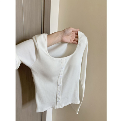 外贸纯色短款德绒保暖打底衫女内搭秋冬修身加厚长袖T恤上衣