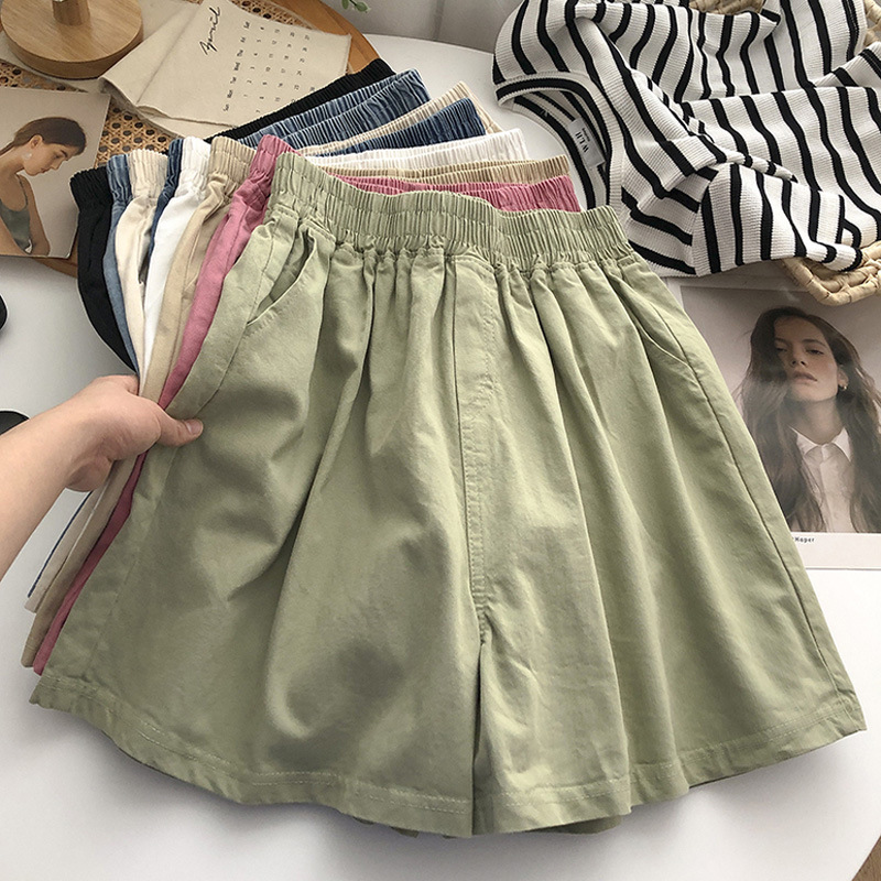 外贸纯色棉质松紧腰阔腿裤女夏韩版宽松高腰外穿居家运动休闲短裤