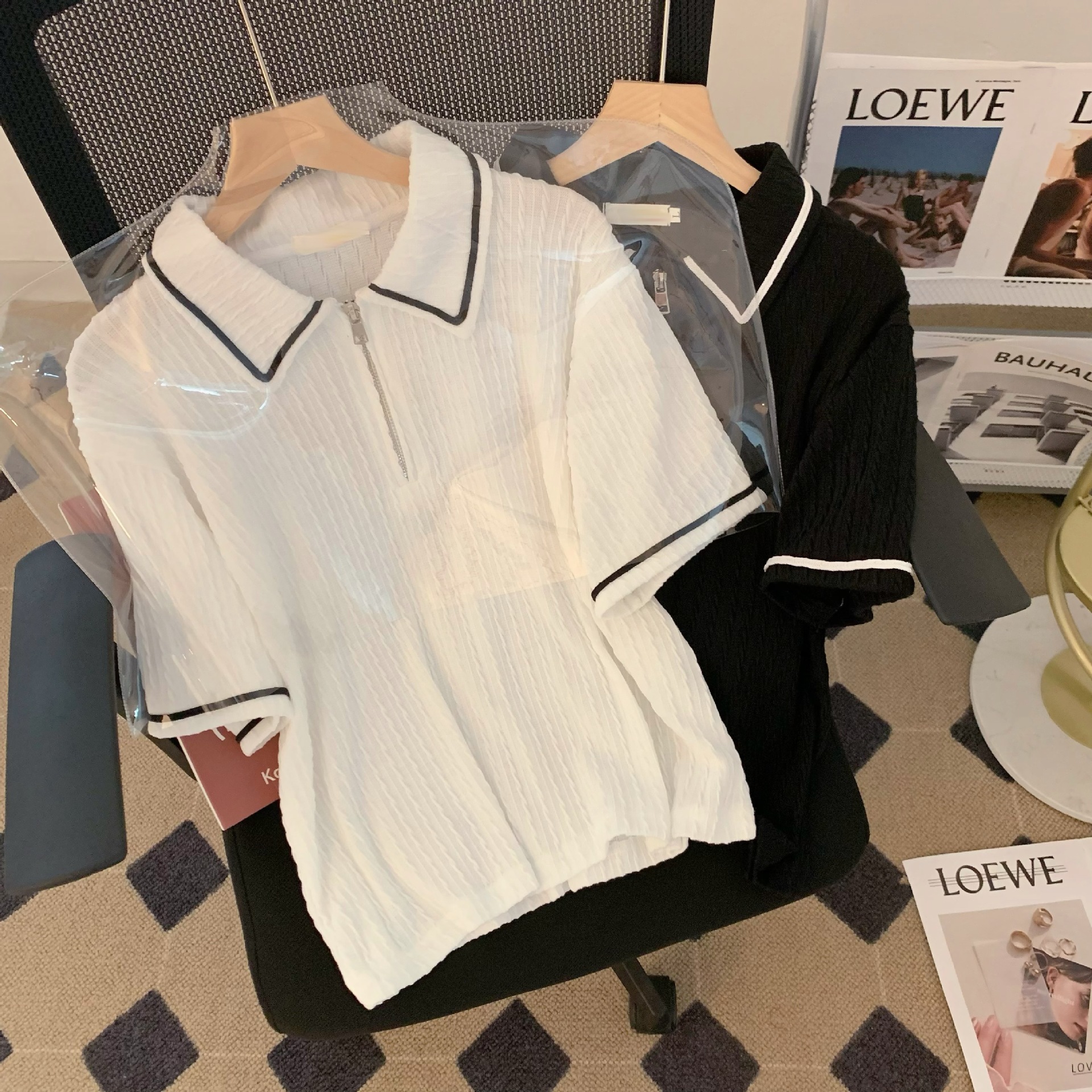 跨境欧美风实拍Polo领撞色短袖t恤女夏新款拉链翻领纯色上衣