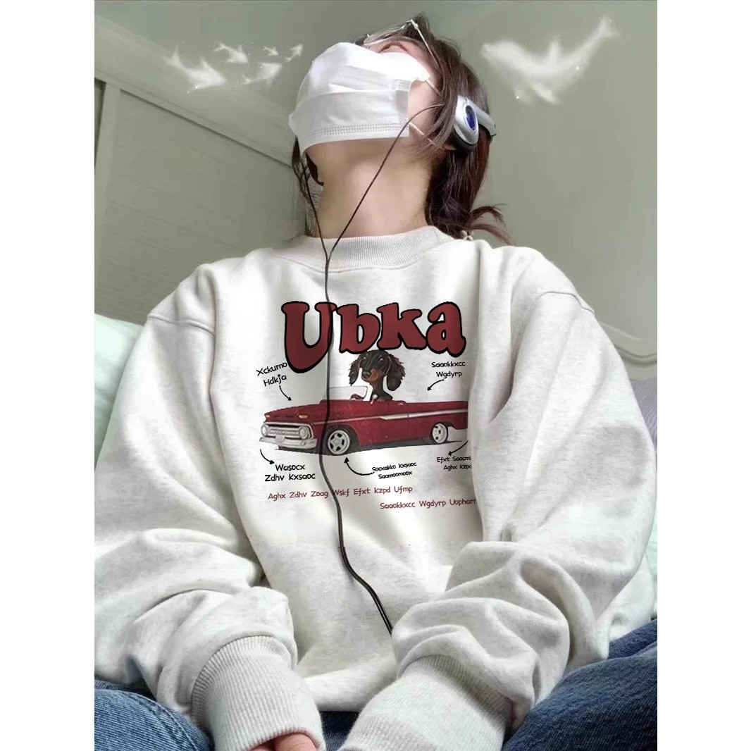 美式高街加绒加厚圆领卫衣女2025年秋冬季新款设计感宽松无帽上衣