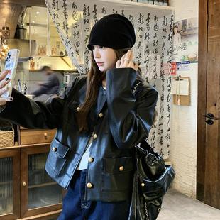 新款 实拍安哥拉红复古摩登圆领皮衣外套女小个子2025春季 夹克上衣