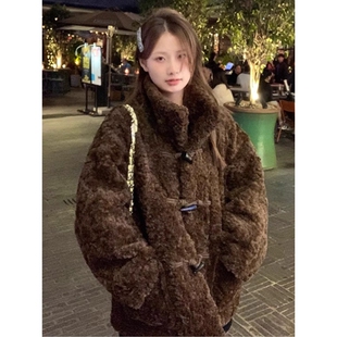 大衣潮 加厚牛角扣宽松皮草外套中长款 毛毛外套女2025年秋冬季 新款