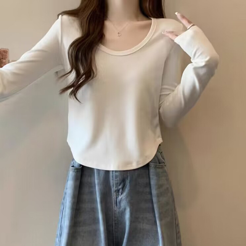 外贸欧洲站短款德绒打底衫女内搭秋冬加绒保暖U领长袖T恤修身上衣