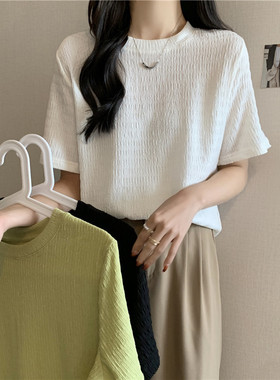 亚马逊夏季白色t恤女短袖夏季韩版宽松洋气减龄百搭半袖打底衫