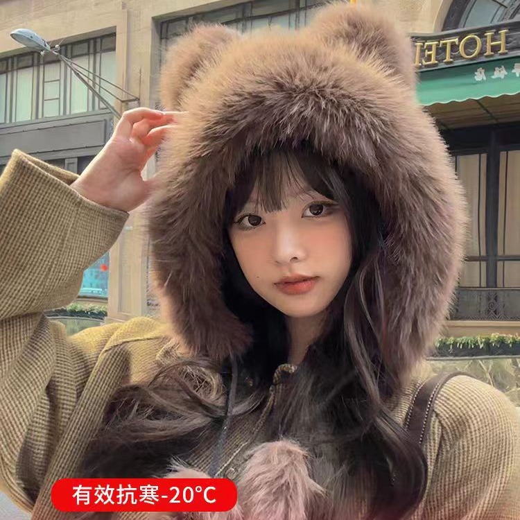 小熊毛绒帽子女冬天显脸小加厚保暖护耳可爱仿狐狸皮草雷锋帽秋冬