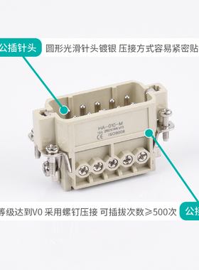 小型矩形重载连接器HDC-HA-010.16.32芯开孔防水工业热流道插头座