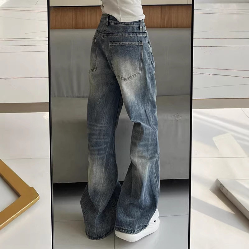 美式复古窄版微喇阔腿牛仔裤女2026年新款高腰宽松薄款喇叭长裤子