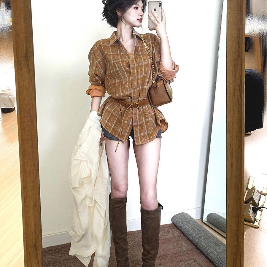 复古美拉德高级感格纹POLO领衬衫女秋季宽松显瘦气质百搭长袖上衣